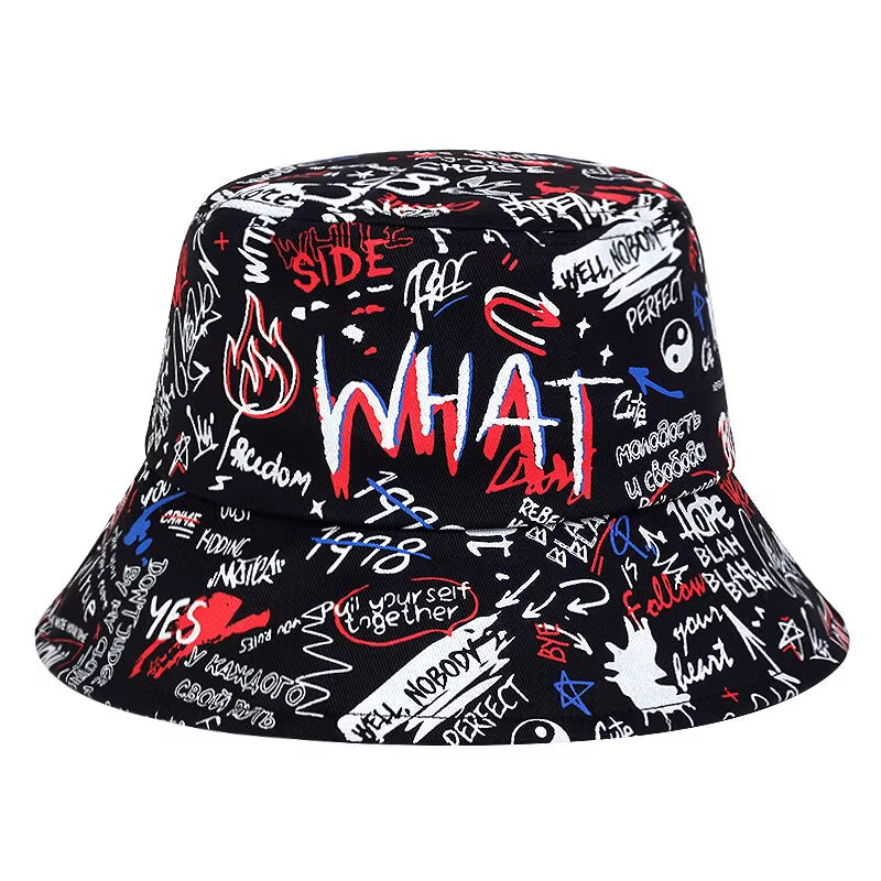 Unisex Letter WHAT Printing Personality Bucket Hats Fishermen Caps Outdoor Casual Cap Sunscreen Hat