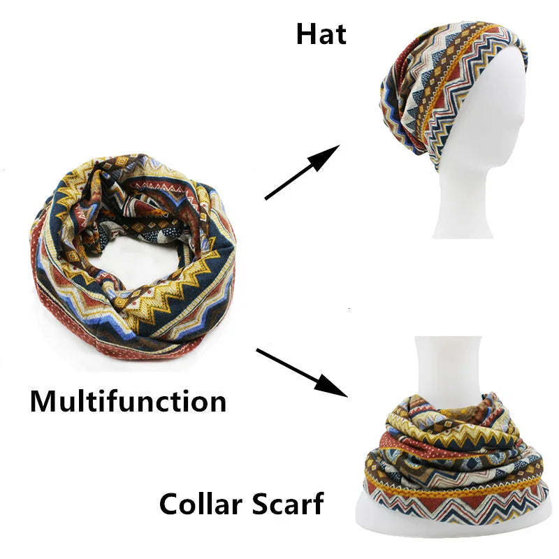 Autumn Winter Skullies Beanies Vintage Design Dual-Use Women Hats for Ladies Thin Girl Fashion Feminino Scarf HT069